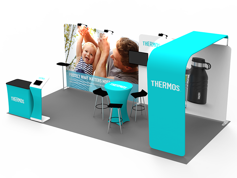 2小間 展示会ブース BOOTH-13|幅3m ストレート壁面2連+L型ブリッジ(カウンター・カクテルテーブル付)