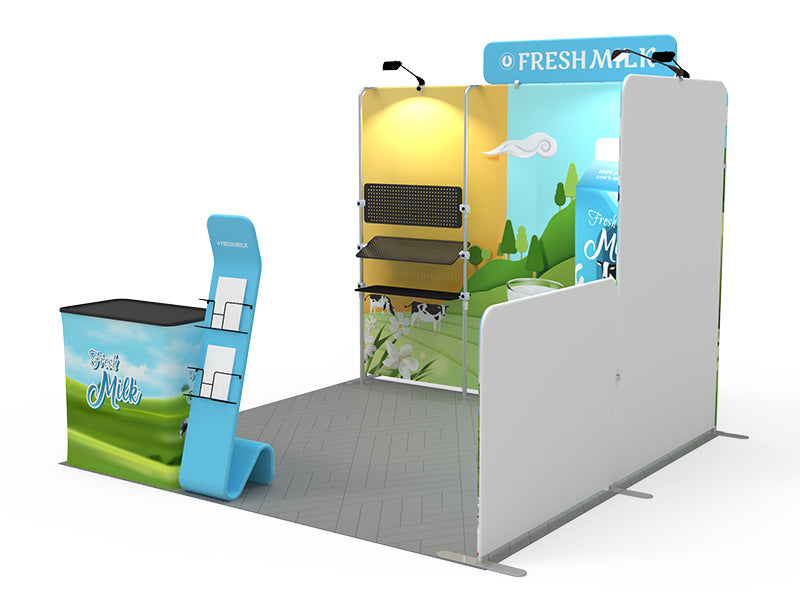 1小間 展示会ブース BOOTH-O|幅3m ストレート壁面 ヘッダー付き+サイドウォール2枚+棚3段