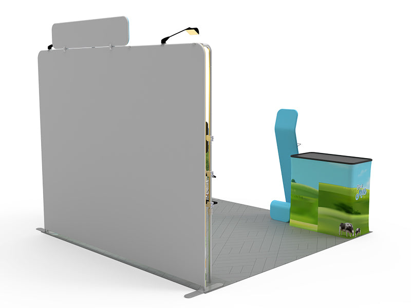 1小間 展示会ブース BOOTH-O|幅3m ストレート壁面 ヘッダー付き+サイドウォール2枚+棚3段