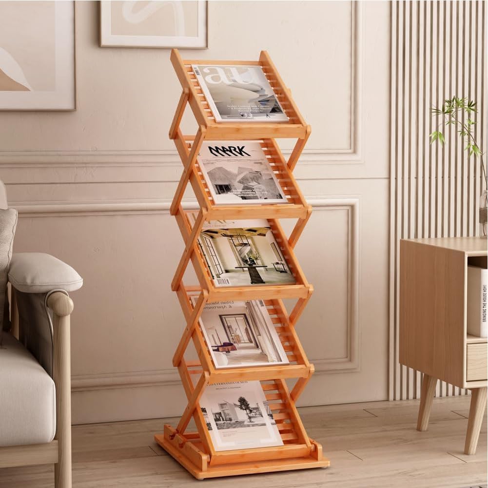 竹製 5段カタログスタンド|折りたたみ式・組立不要| A4/A3 パンフレットラック