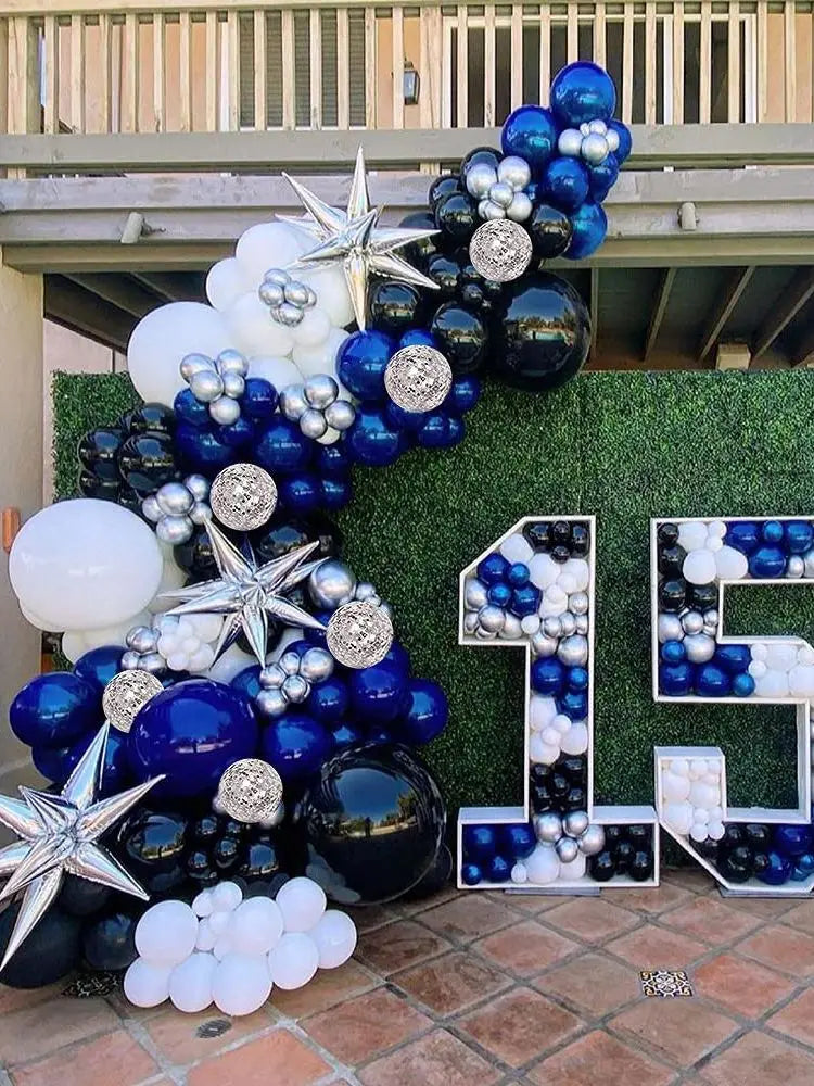 ネイビーブルーホワイトシルバーバルーンセット