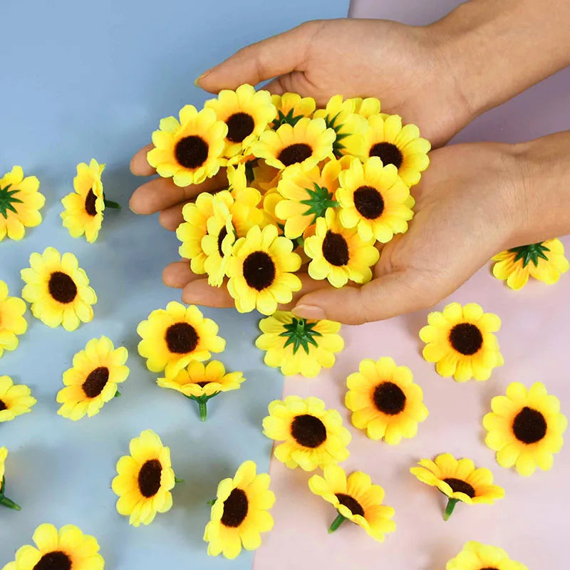 50/100個 4.5cm 小ぶりなフェイクグリーン シルク素材の ひまわり・デイジー