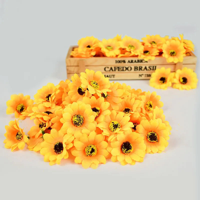 50/100個 4.5cm 小ぶりなフェイクグリーン シルク素材の ひまわり・デイジー