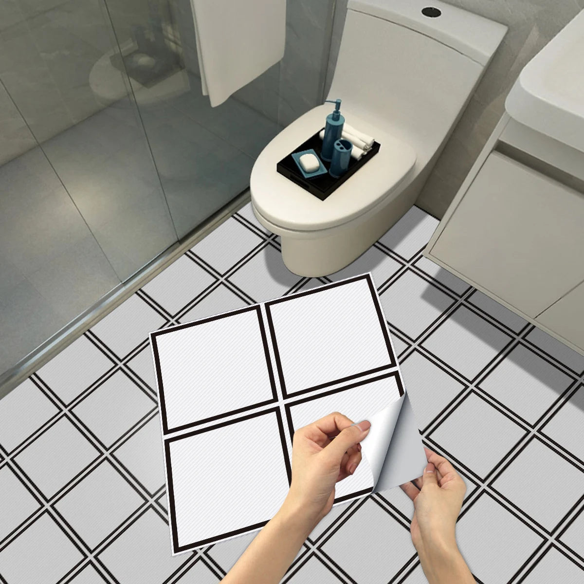 DIYフロアシート モノトーンタイル風 ステッカー 4枚入 モダン