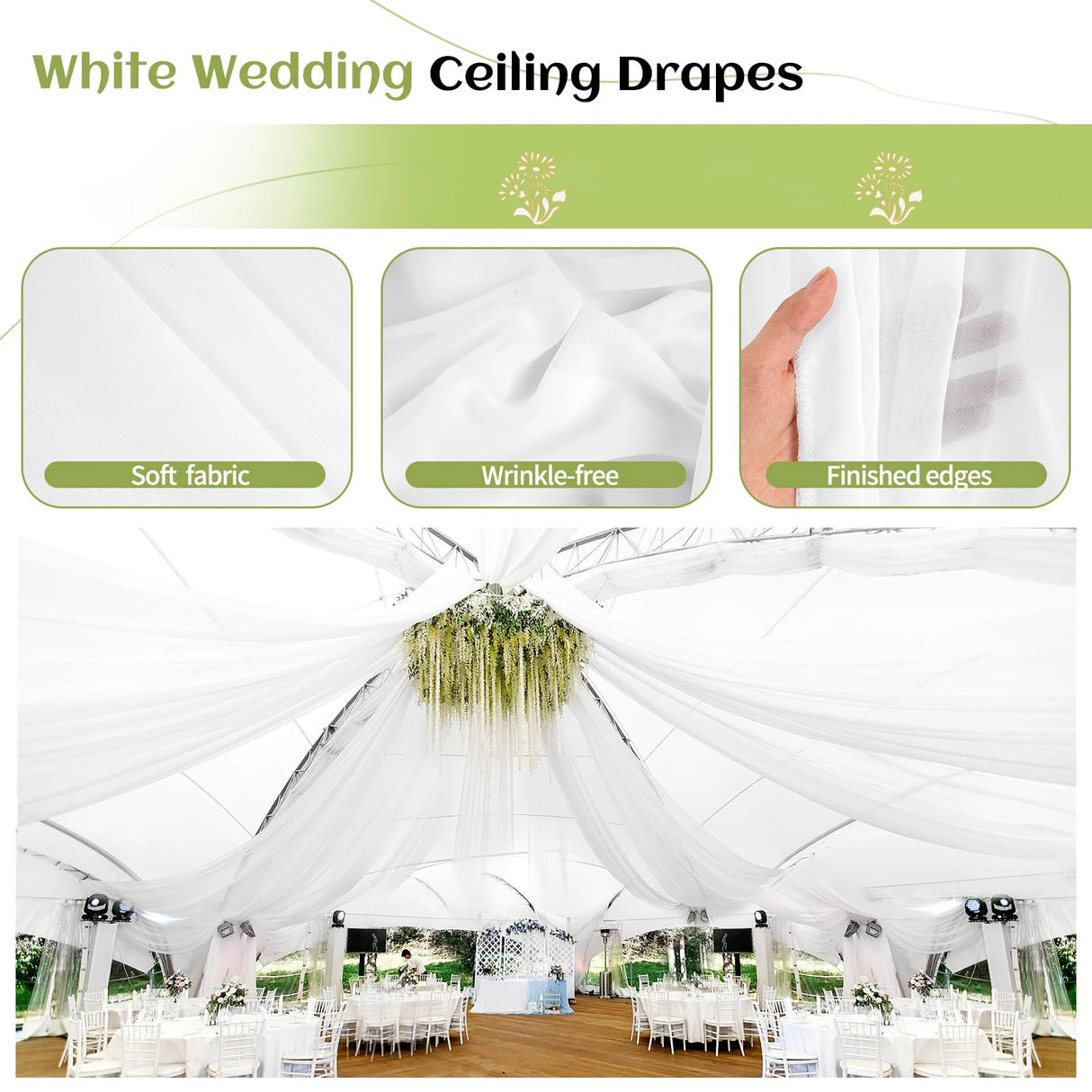 柔らかな白シフォンドレープ 天井装飾用