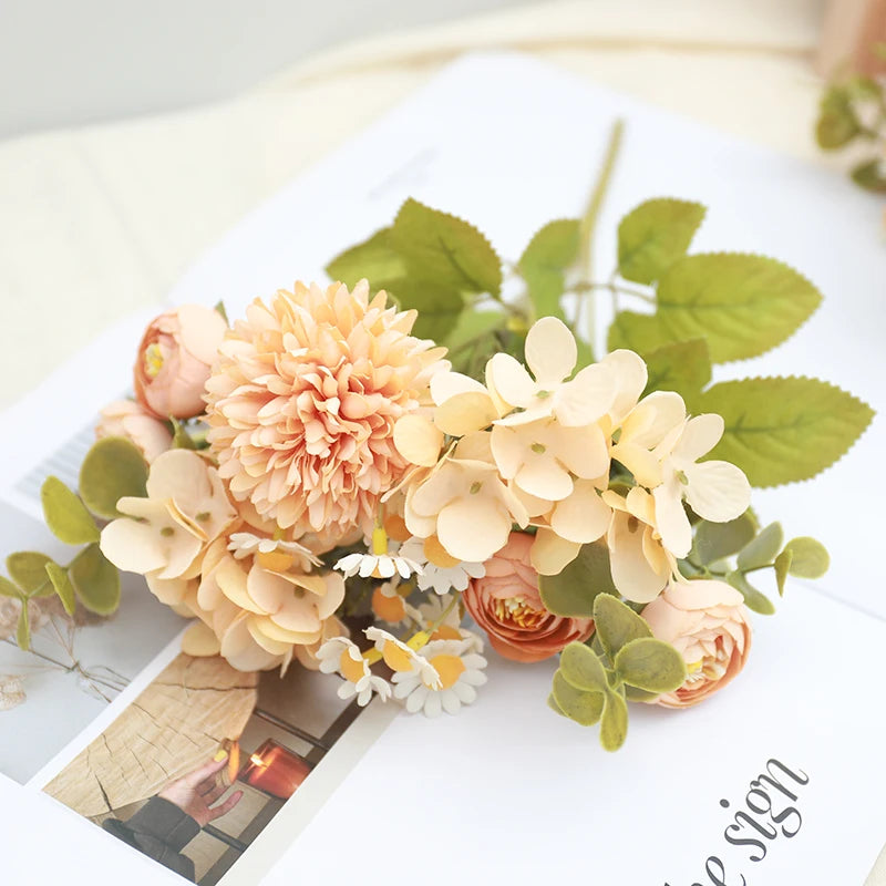 パーティー・インテリア装飾|シルク造花ローズ・ひまわり・アジサイセット(長さ約30㎝)