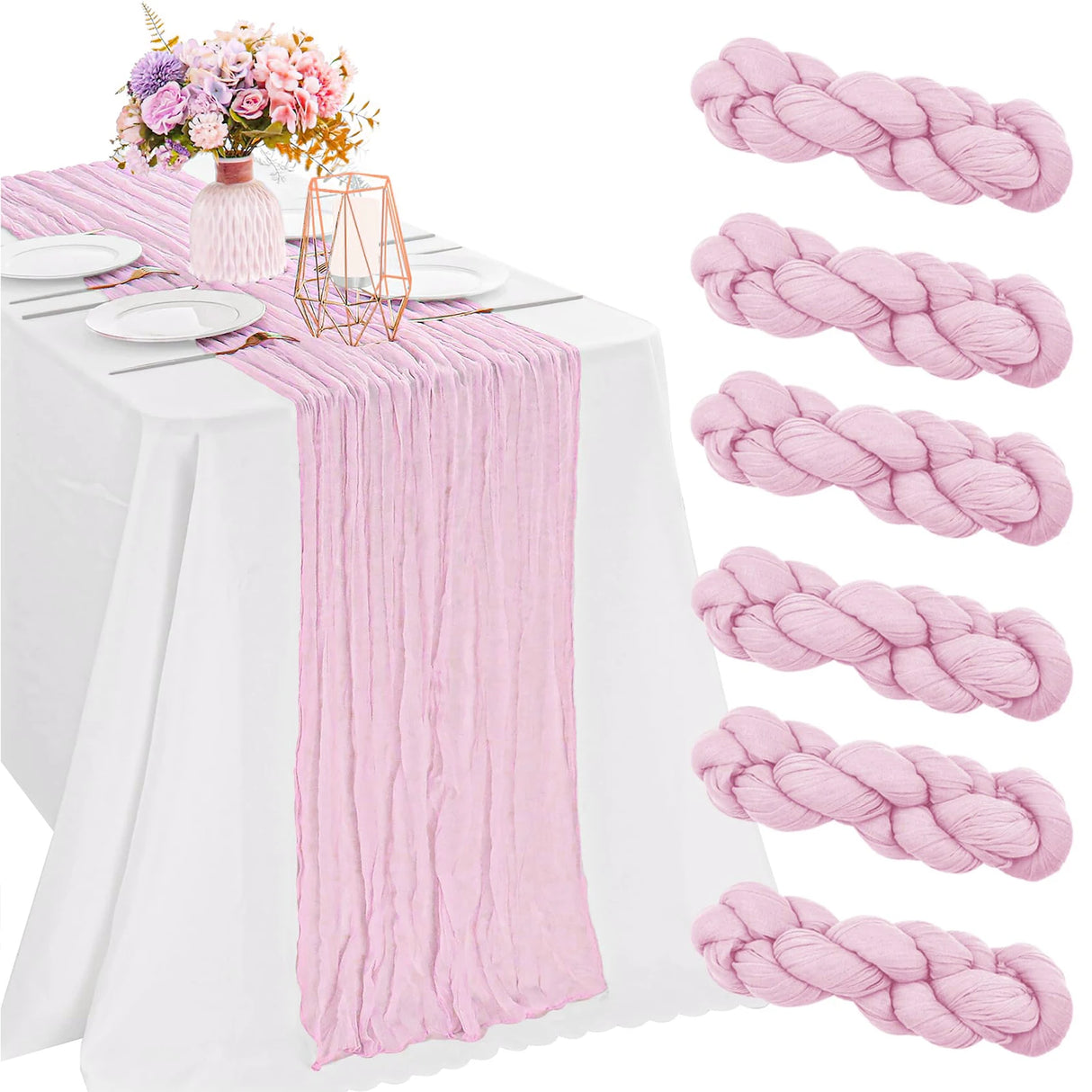 インテリア・パーティ装飾 | ワッシャー加工テーブルランナー6枚セット | 全長1.8m/3.4m/4m