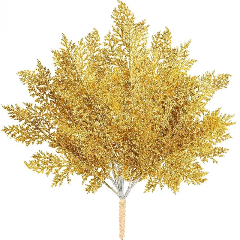 キラキラ光る人工松の枝・フェイク植物・クリスマスツリーオーナメント・ゴールドのキラキラ光るスパンコールの葉
