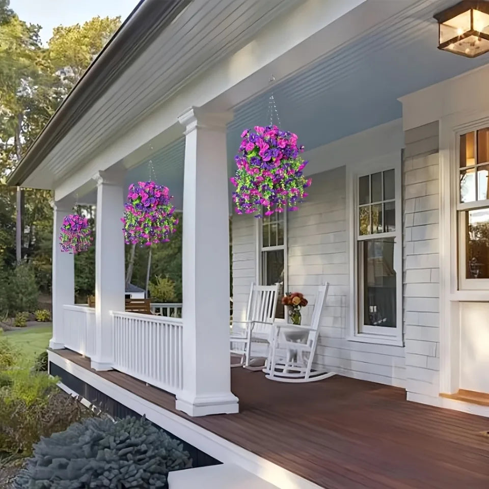 【2本セット】UV耐性・防水仕様 人工モーニンググローリー&ユーカリ ハンギング装飾