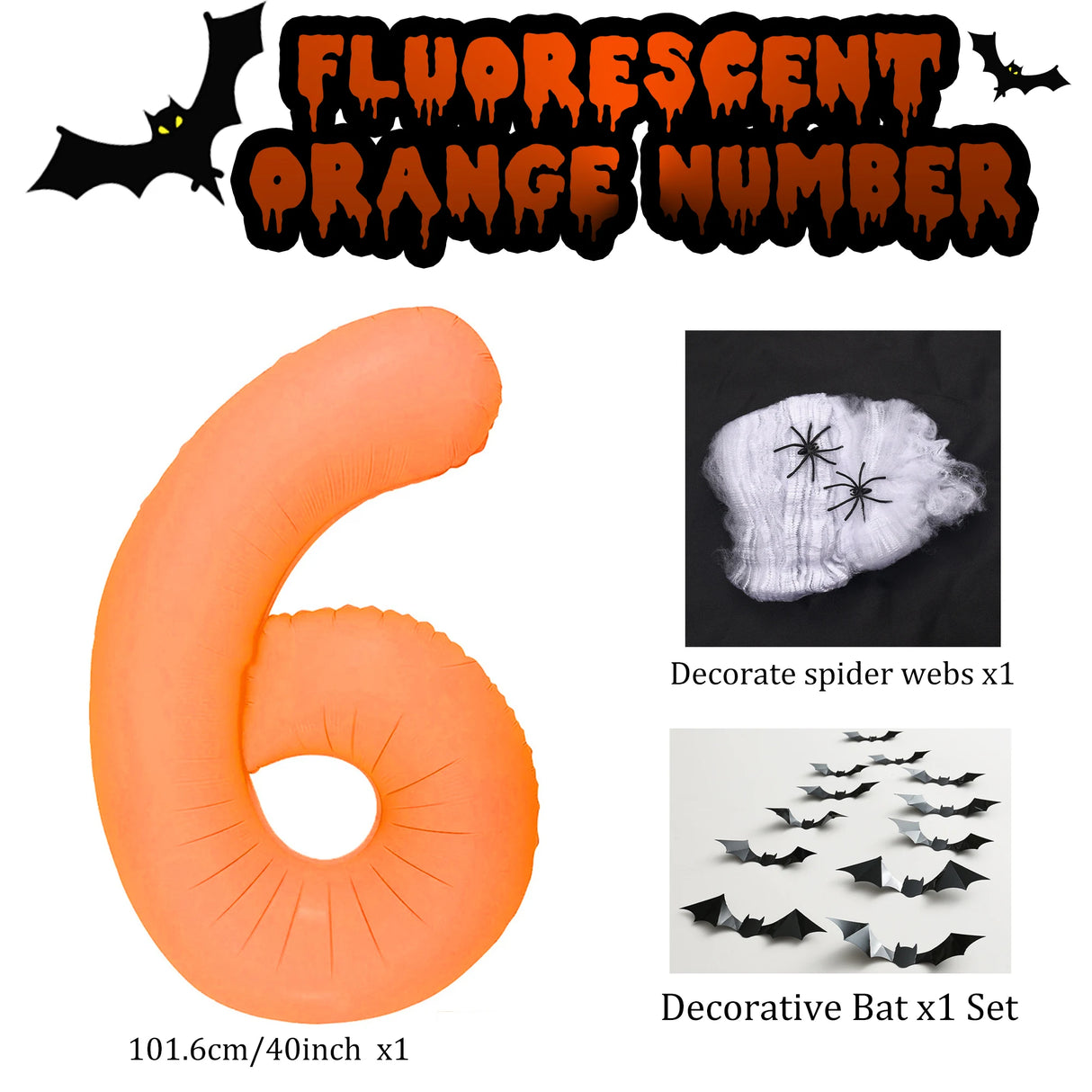 イベント・パーティー装飾|蛍光色数字型バルーン&コウモリ&クモの巣セット(3個)