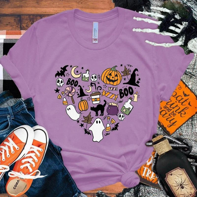 イベント・ハロウィングッズ|レディース パンプキンハート柄 Tシャツ(XS~4XL)