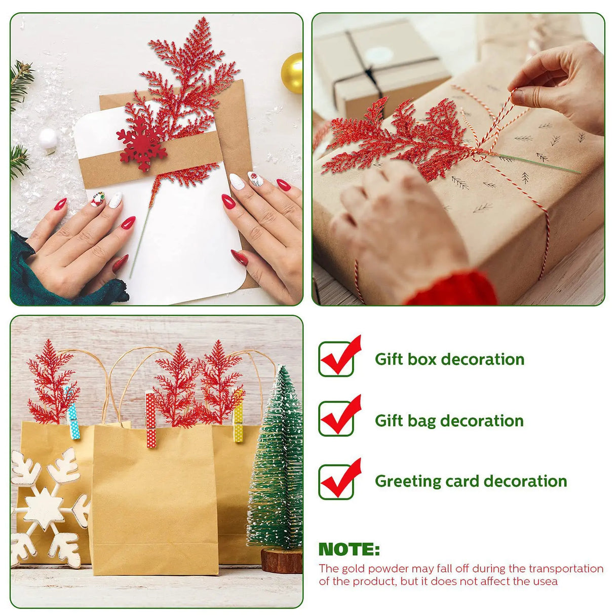 キラキラ光る人工松の枝・フェイク植物・クリスマスツリーオーナメント・ゴールドのキラキラ光るスパンコールの葉