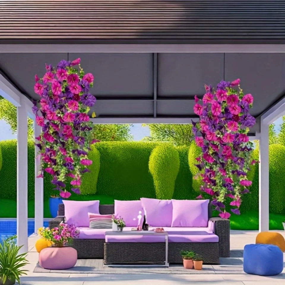 【2本セット】UV耐性・防水仕様 人工モーニンググローリー&ユーカリ ハンギング装飾