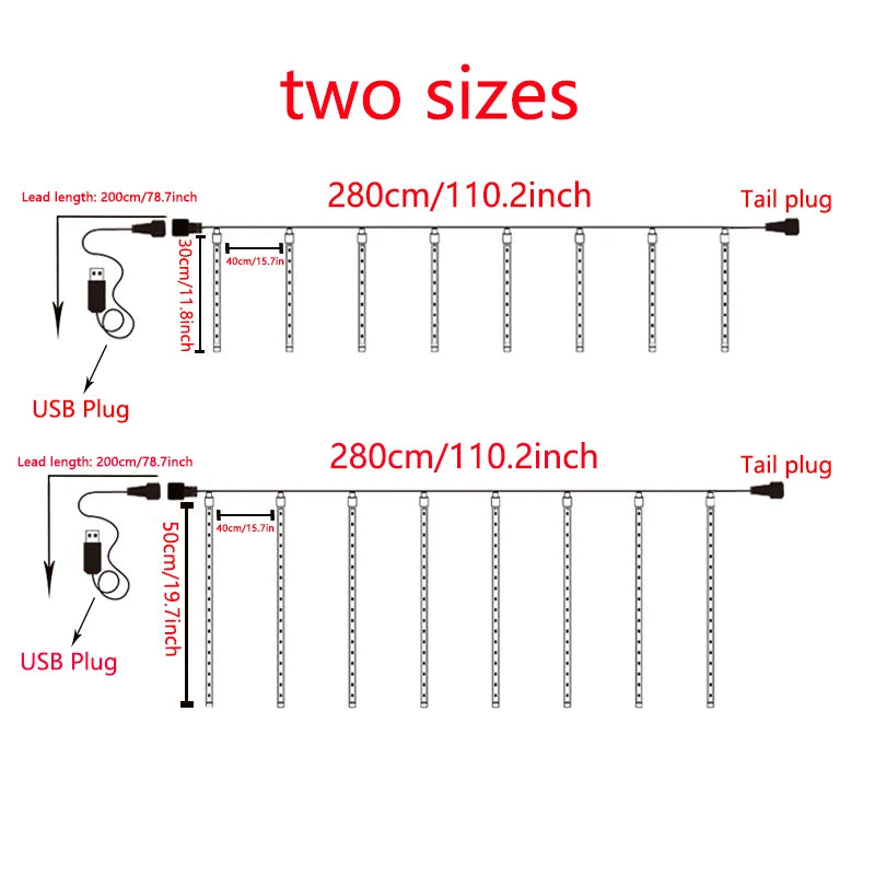 カーテンライト|イベント・クリスマス装飾|LED流星雨8連ライトUSB接続(幅2.8M)