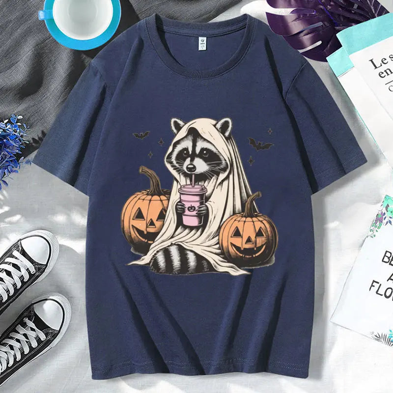 イベント・ハロウィングッズ| メンズ アライグマゴースト柄Tシャツ(XS~3XL)