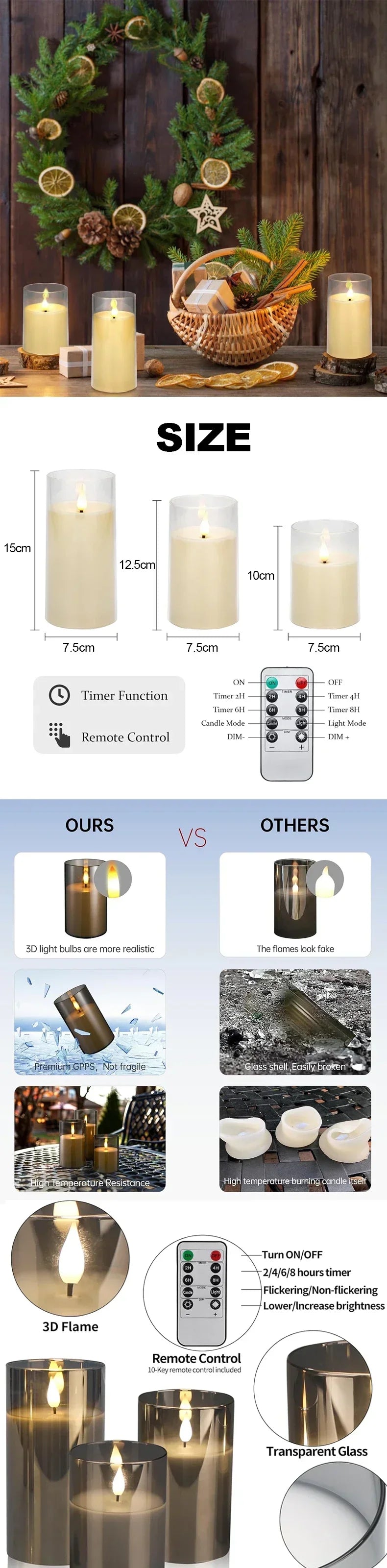 リモコン付きLEDフレームレスキャンドルセット