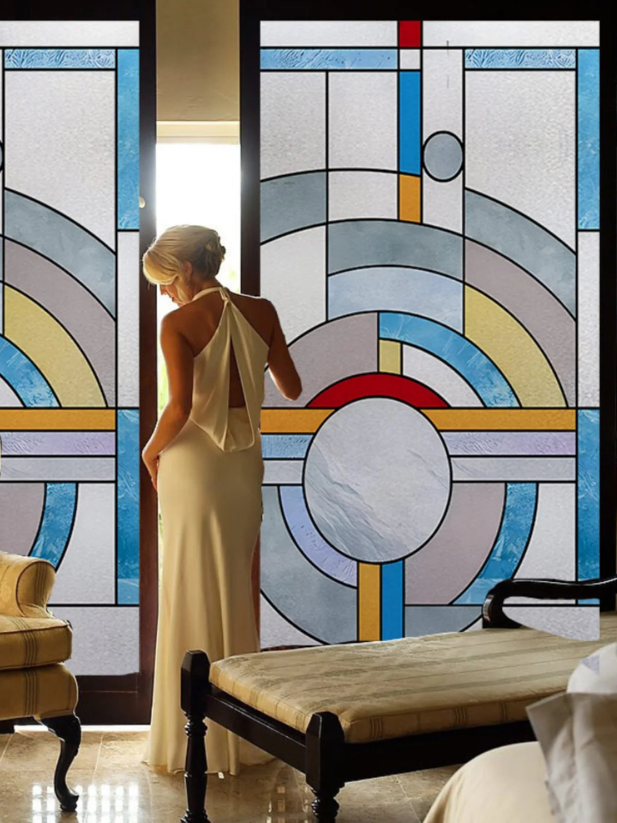 【UVカット・静電気吸着タイプ】ステンドグラス風 ウィンドウフィルム(モダン柄6パターン)