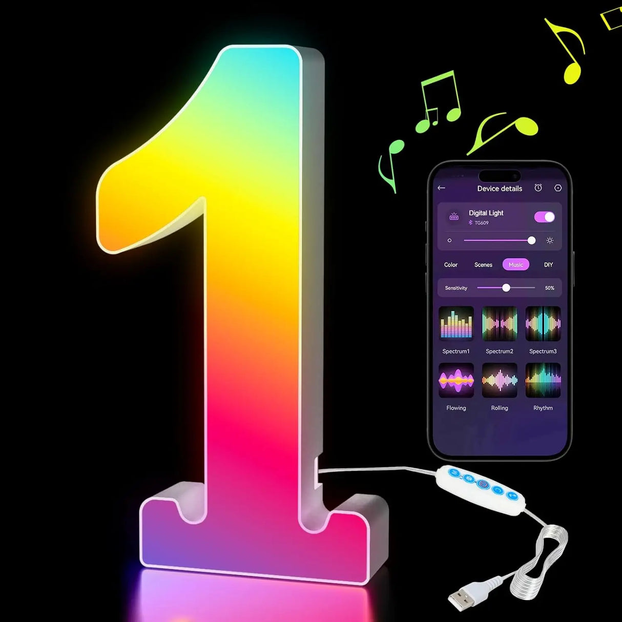 【LED装飾】LEDライト・デコレーションライト(数字/アルファベット)調光可能 レインボーカラー