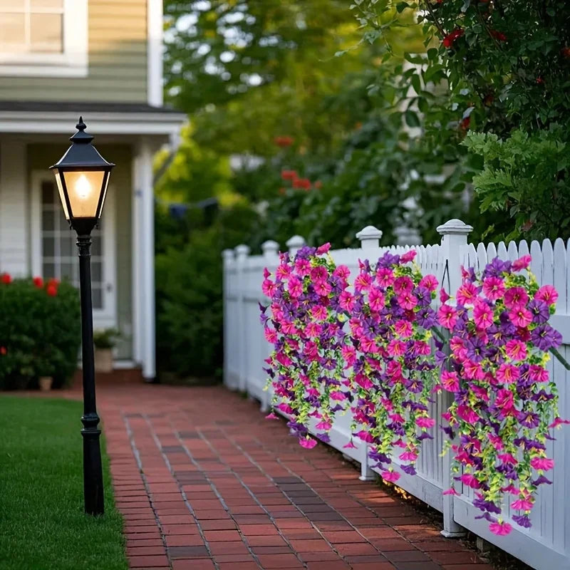 パーティー・ガーデン装飾 造花 ペチュニアとユーカリ2段重ね 屋外用吊り下げセット