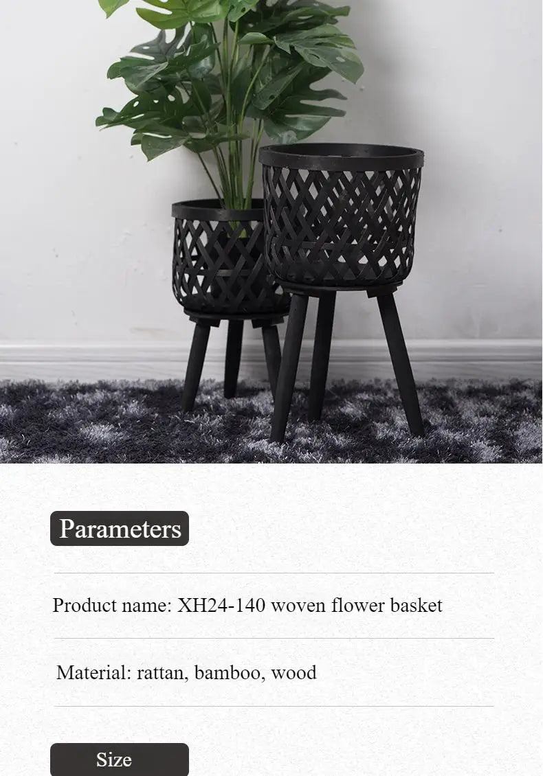 籐製植木鉢・手作り木製・ハイフット・フラワースタンド