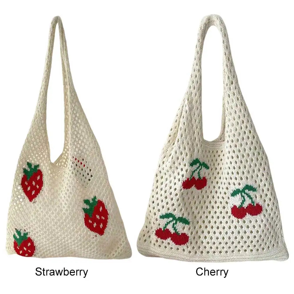 |ノベルティ用品 | ストロベリー・チェリー柄 ニットバッグ