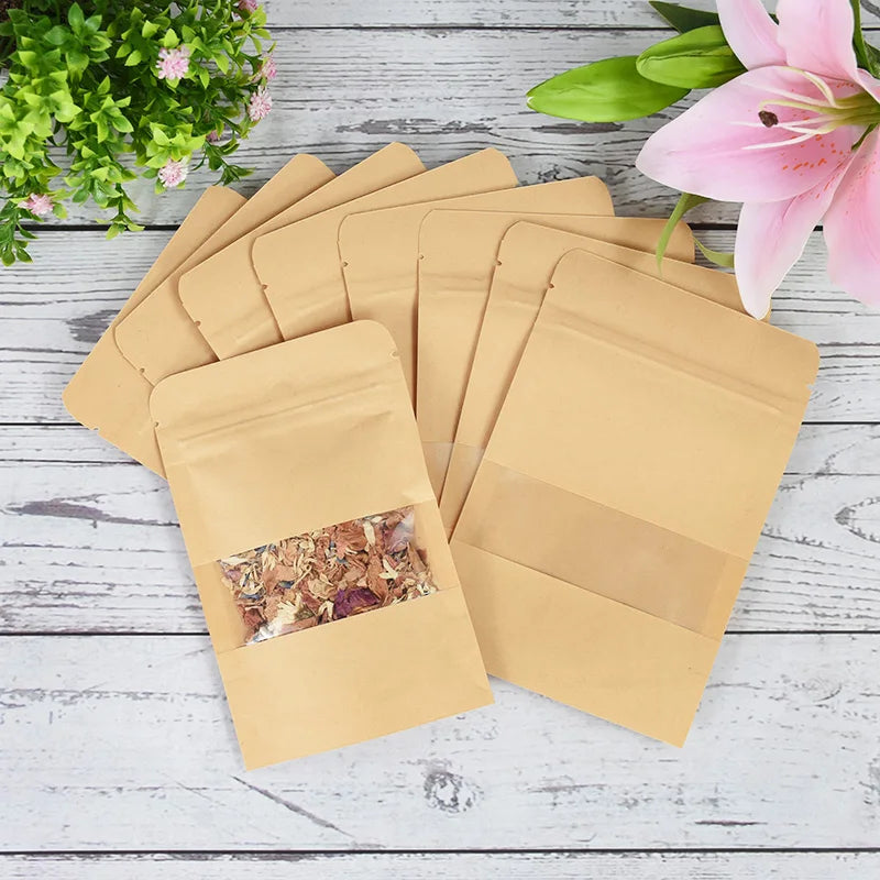 |ノベルティ用品 |透明 窓・ジッパー付きクラフト紙袋 10個セット