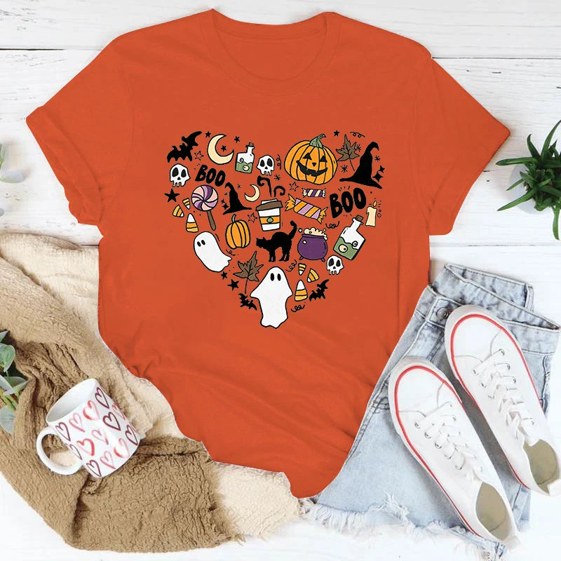 イベント・ハロウィングッズ|レディース パンプキンハート柄 Tシャツ(XS~4XL)