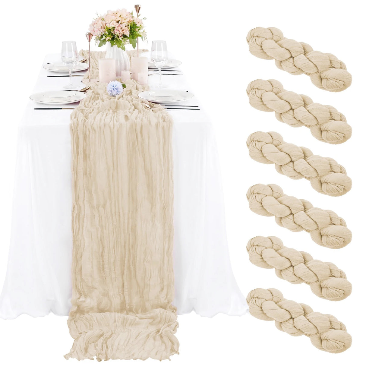 インテリア・パーティ装飾 | ワッシャー加工テーブルランナー6枚セット | 全長1.8m/3.4m/4m