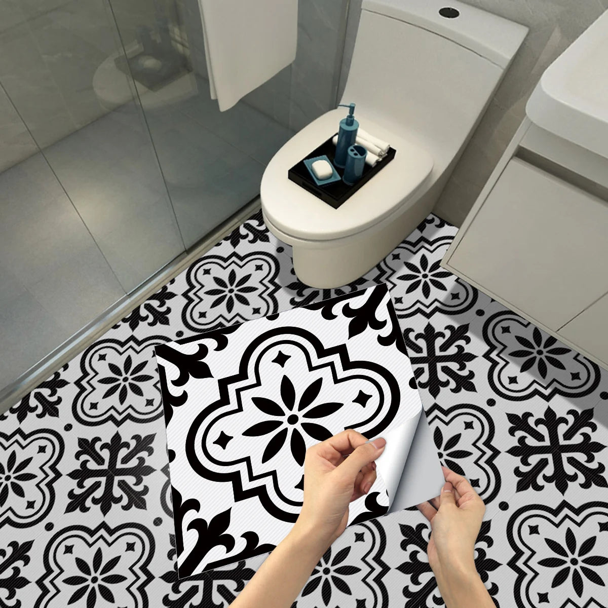 DIYフロアシート モノトーンタイル風 ステッカー 4枚入 モダン