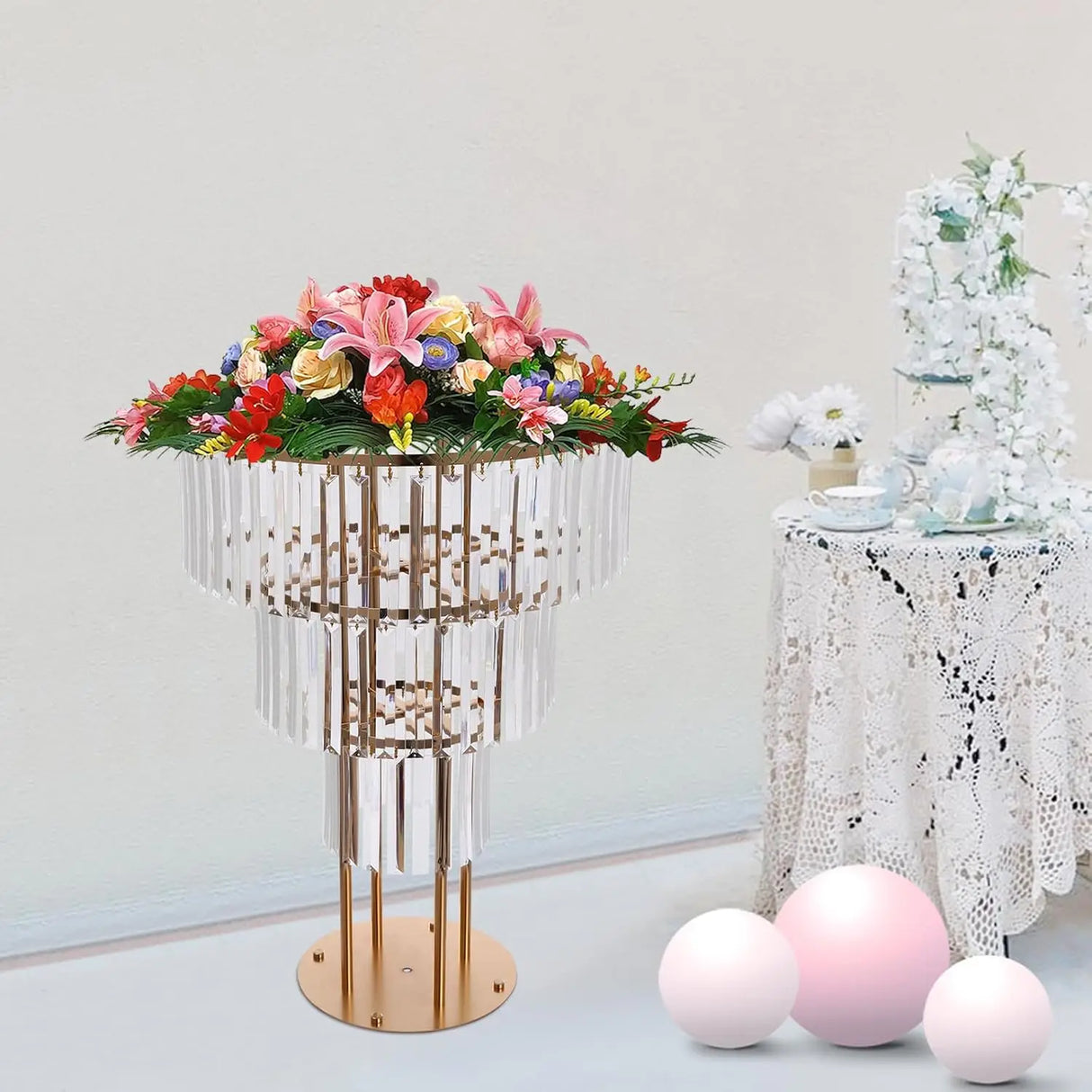 結婚式・インテリア装飾|ゴールドクリスタルフラワースタンド3段