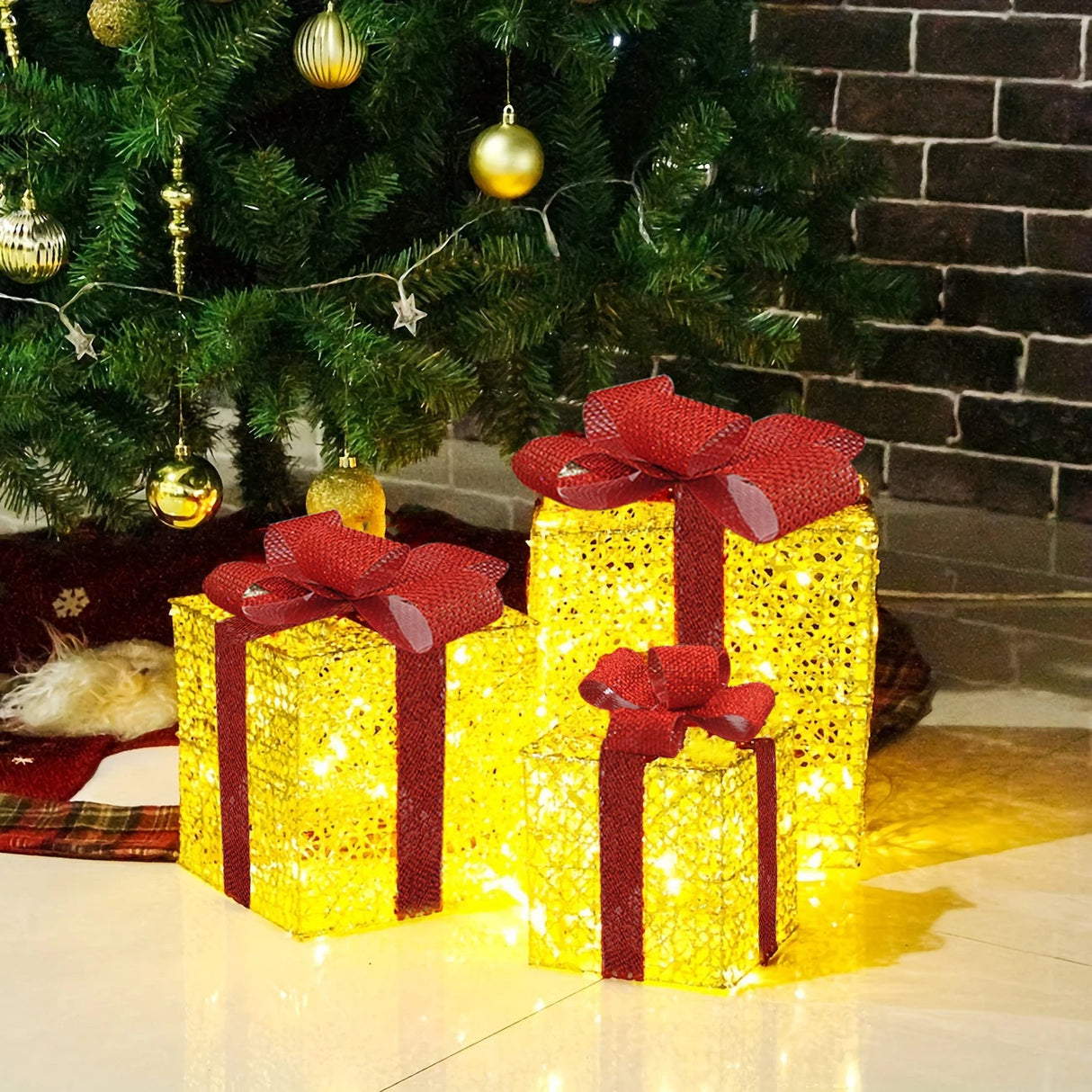 モチーフライト|イベント・クリスマス装飾|LEDリボン付きクリスマスギフトボックス(3個セット)