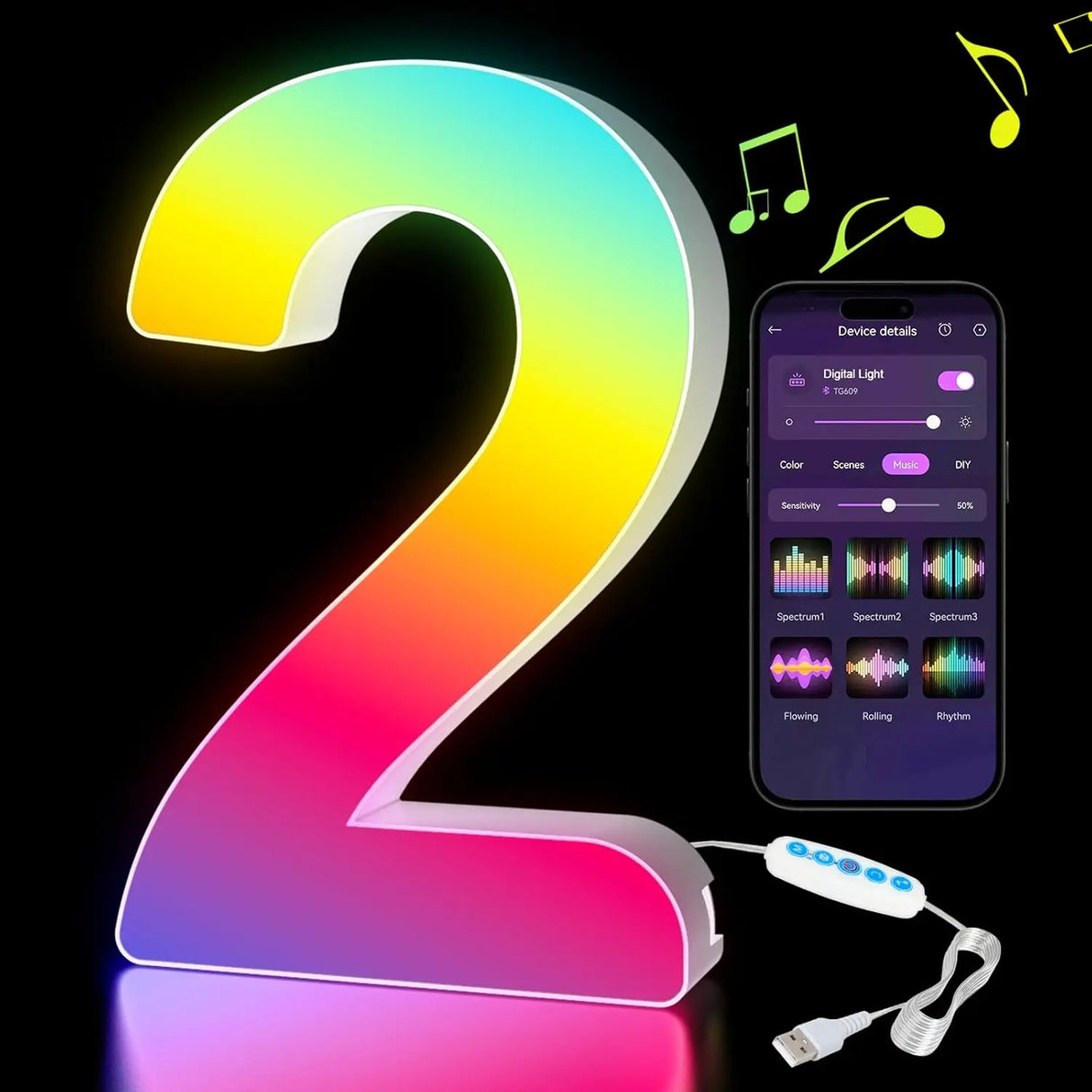 【LED装飾】LEDライト・デコレーションライト(数字/アルファベット)調光可能 レインボーカラー