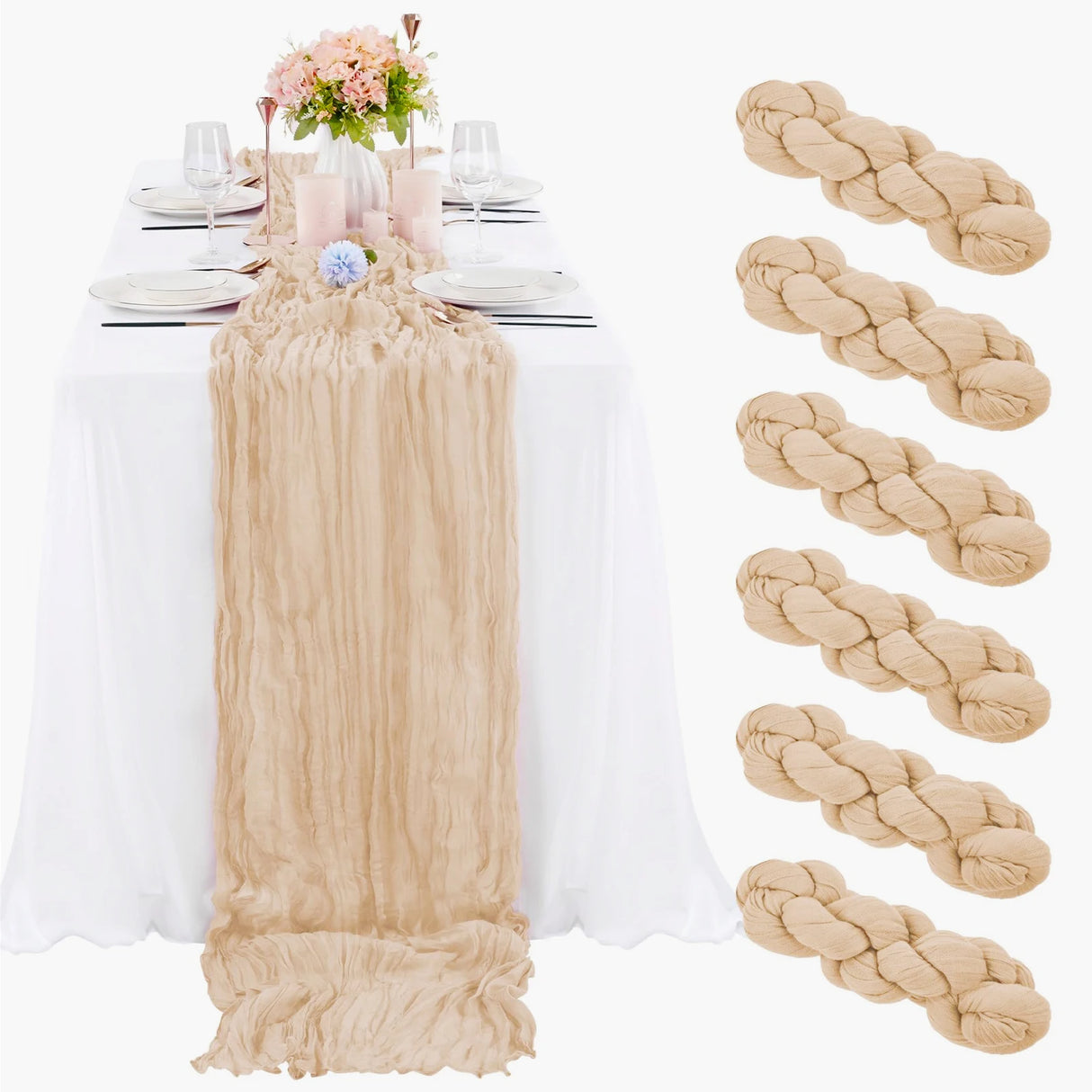 インテリア・パーティ装飾 | ワッシャー加工テーブルランナー6枚セット | 全長1.8m/3.4m/4m