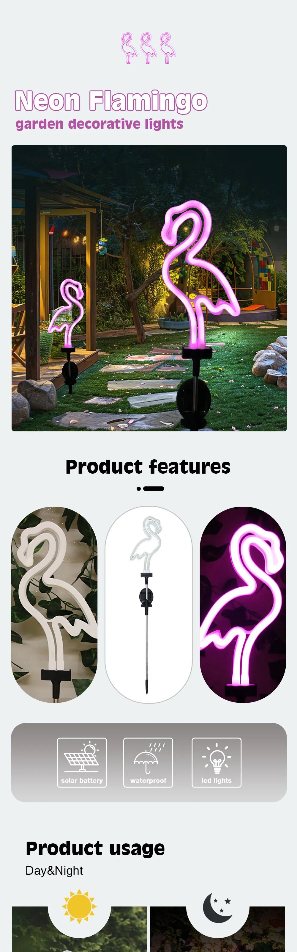 ソーラーライト|イベント・ガーデン装飾|ソーラー式ネオンフラミンゴライト