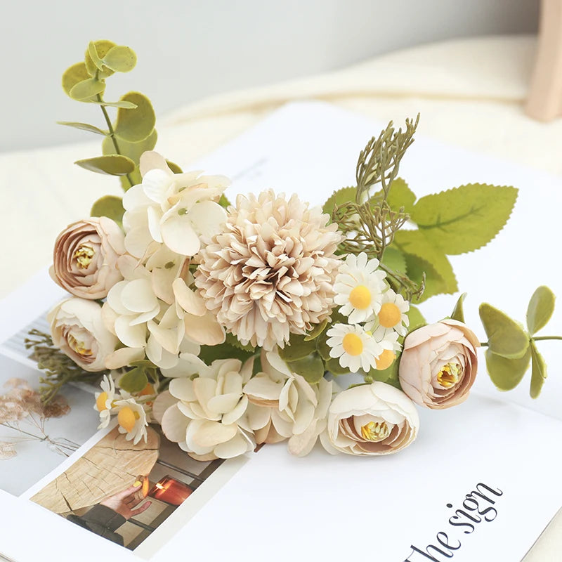 パーティー・インテリア装飾|シルク造花ローズ・ひまわり・アジサイセット(長さ約30㎝)