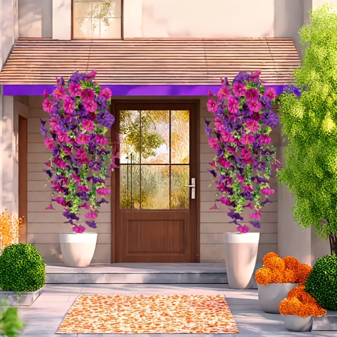 【2本セット】UV耐性・防水仕様 人工モーニンググローリー&ユーカリ ハンギング装飾