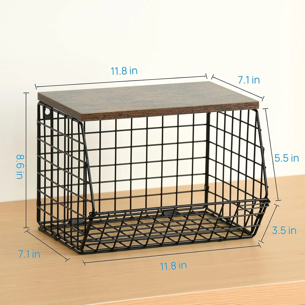 木製蓋付きワイヤーバスケット収納