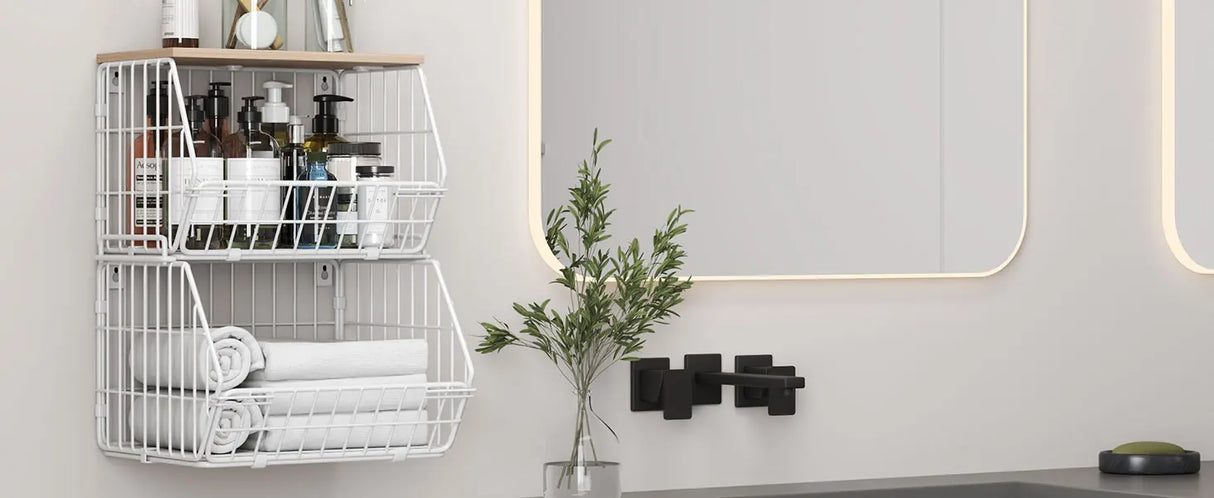 木製蓋付きワイヤーバスケット収納