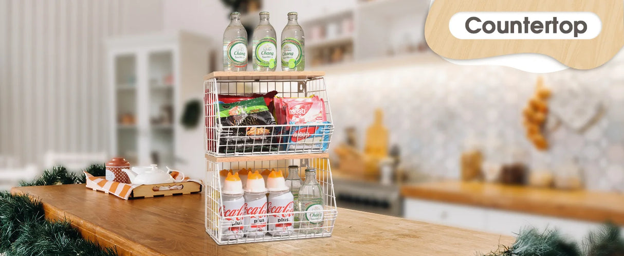 木製蓋付きワイヤーバスケット収納