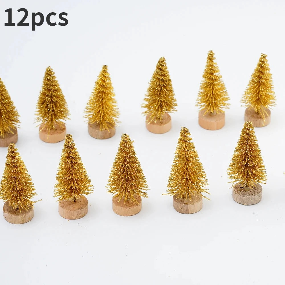 ミニ人工クリスマスツリー・12個パック・木製ベース付き・DIYクラフトやホリデーホームデコレーションに最適な卓上ボトルブラシツリー