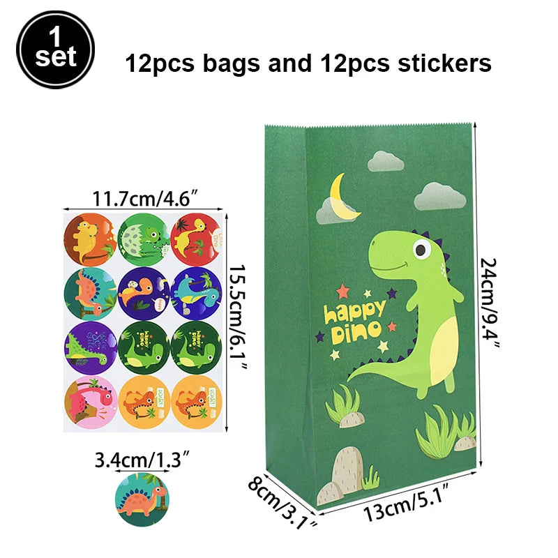 |ノベルティ用品 | ステッカー付恐竜プリント紙バッグ12個セット | W13×H24×D8