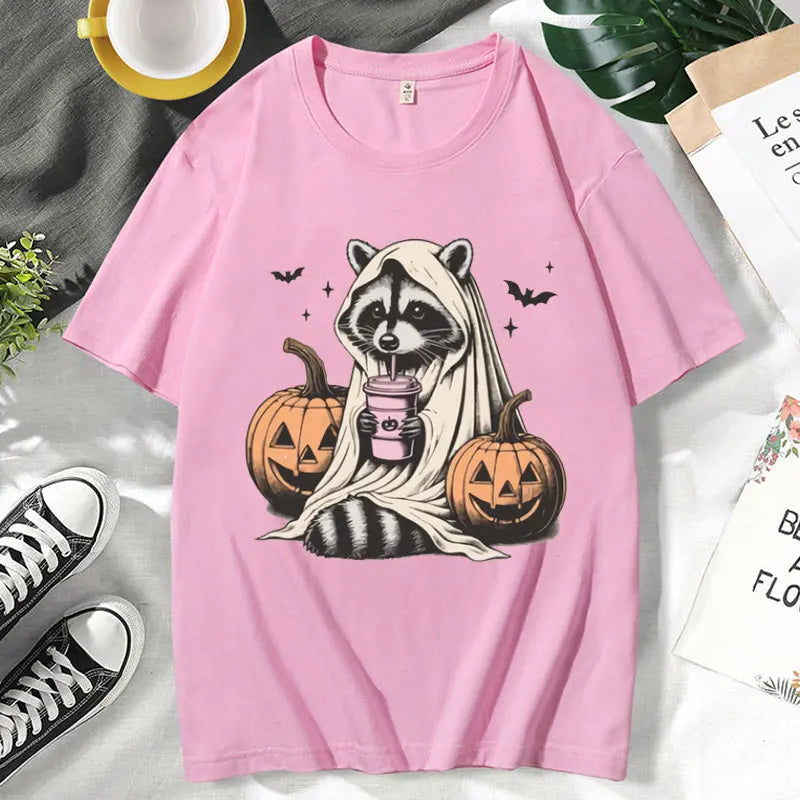 イベント・ハロウィングッズ| メンズ アライグマゴースト柄Tシャツ(XS~3XL)