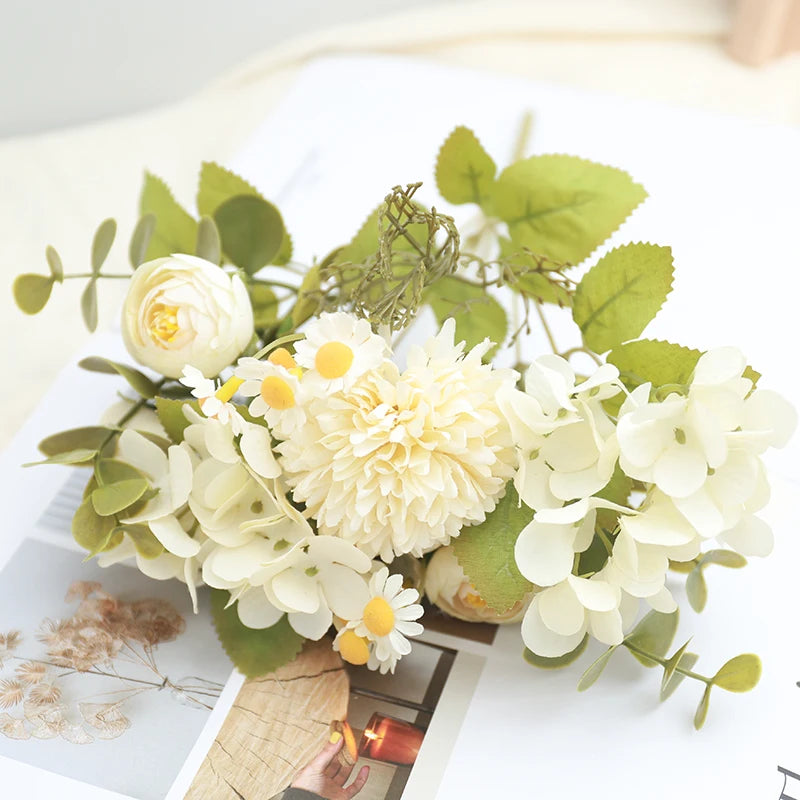 パーティー・インテリア装飾|シルク造花ローズ・ひまわり・アジサイセット(長さ約30㎝)