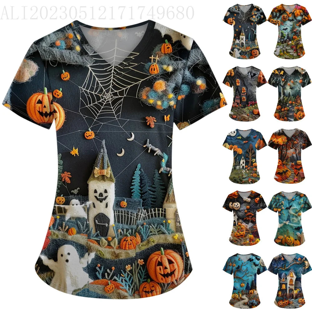 イベント・ハロウィングッズ|ハロウィン総柄プリントVネックTシャツ(S~5XL)