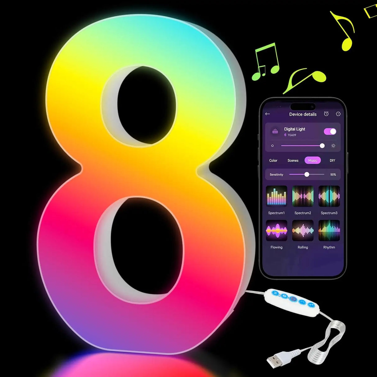 【LED装飾】LEDライト・デコレーションライト(数字/アルファベット)調光可能 レインボーカラー