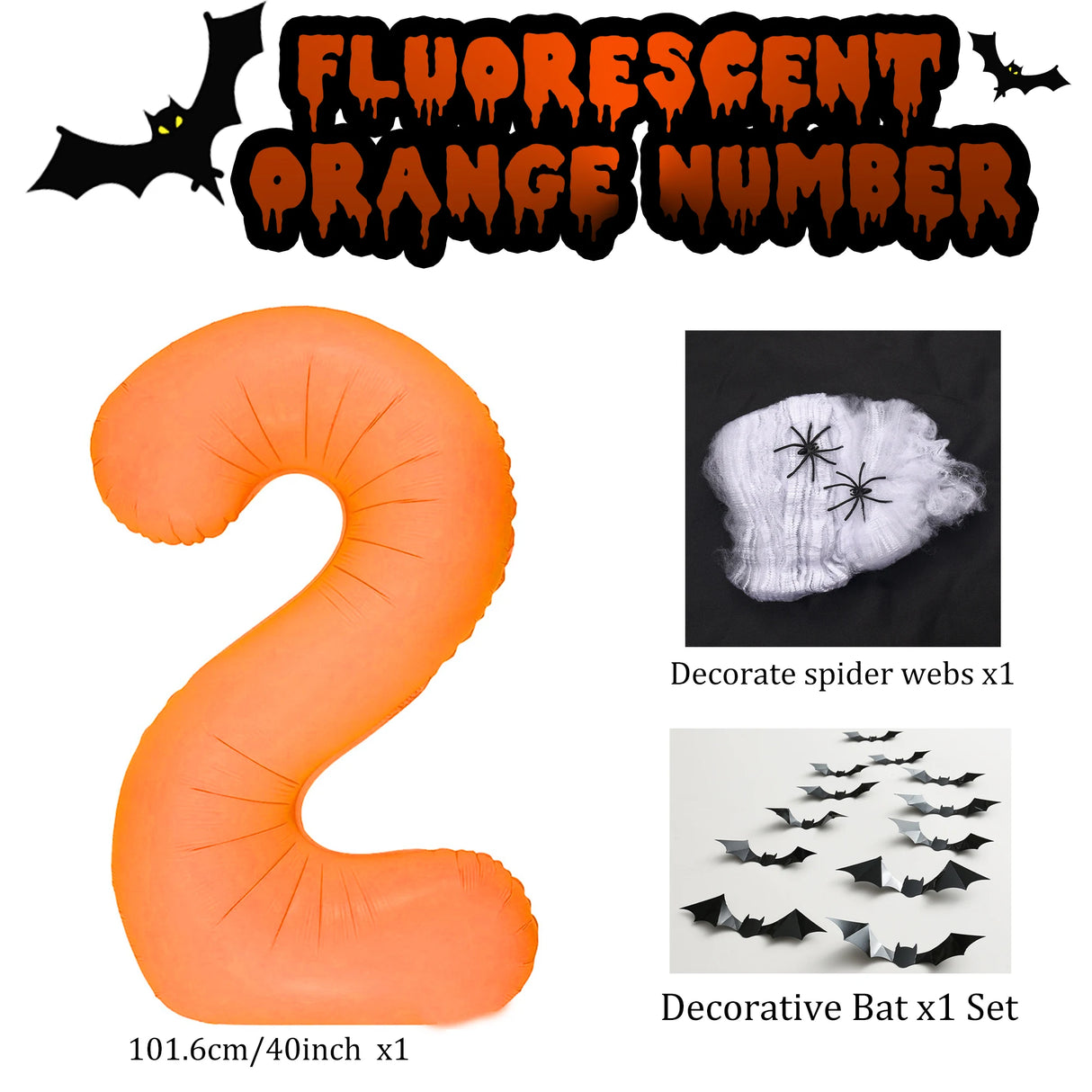 イベント・パーティー装飾|蛍光色数字型バルーン&コウモリ&クモの巣セット(3個)