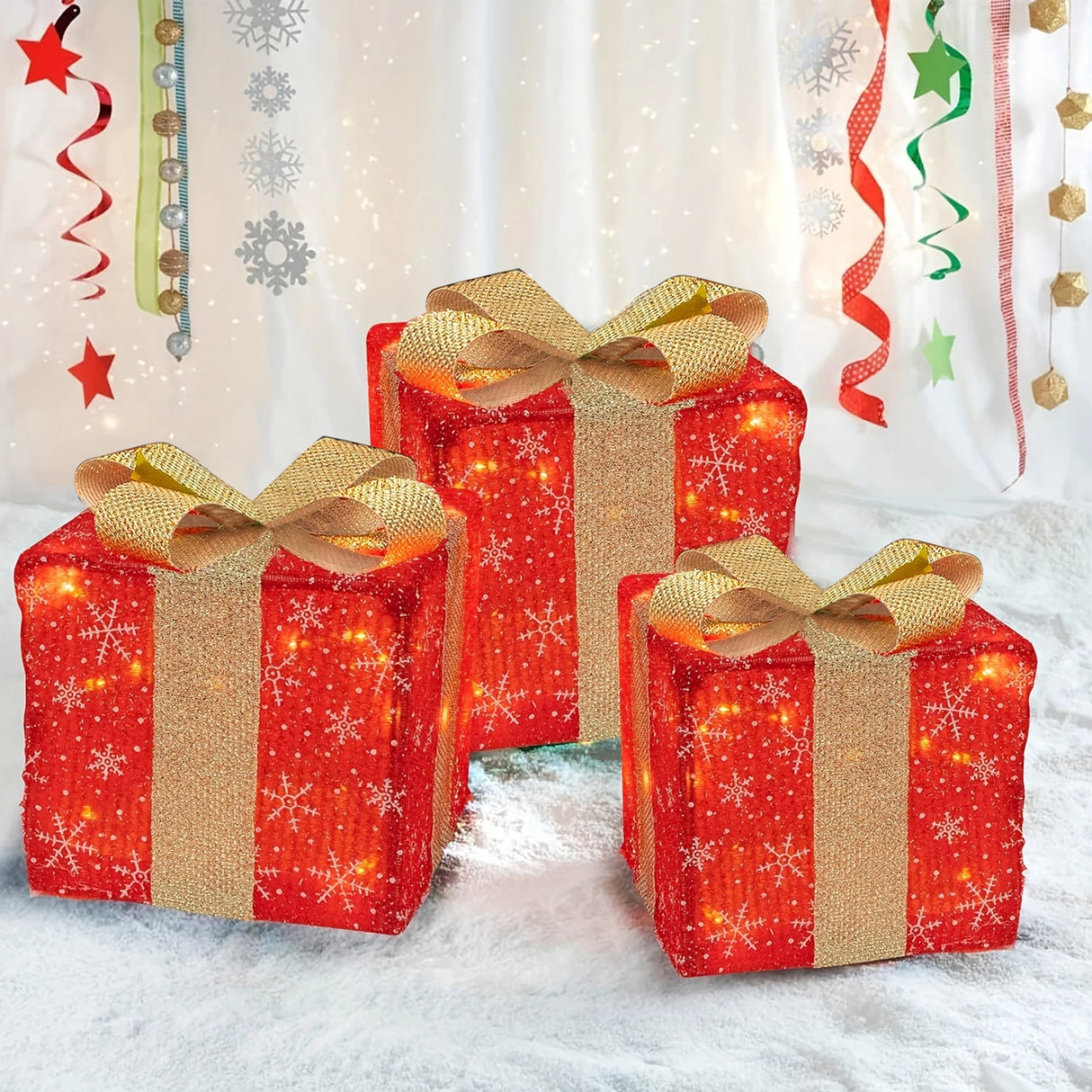 モチーフライト|イベント・クリスマス装飾|LEDリボン付きクリスマスギフトボックス(3個セット)