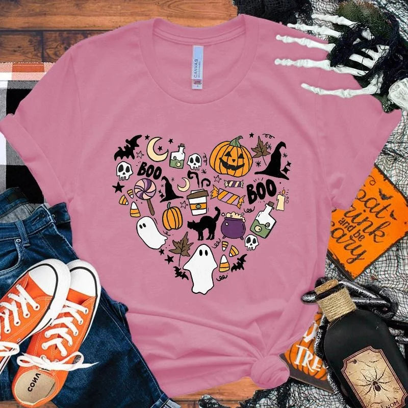 イベント・ハロウィングッズ|レディース パンプキンハート柄 Tシャツ(XS~4XL)