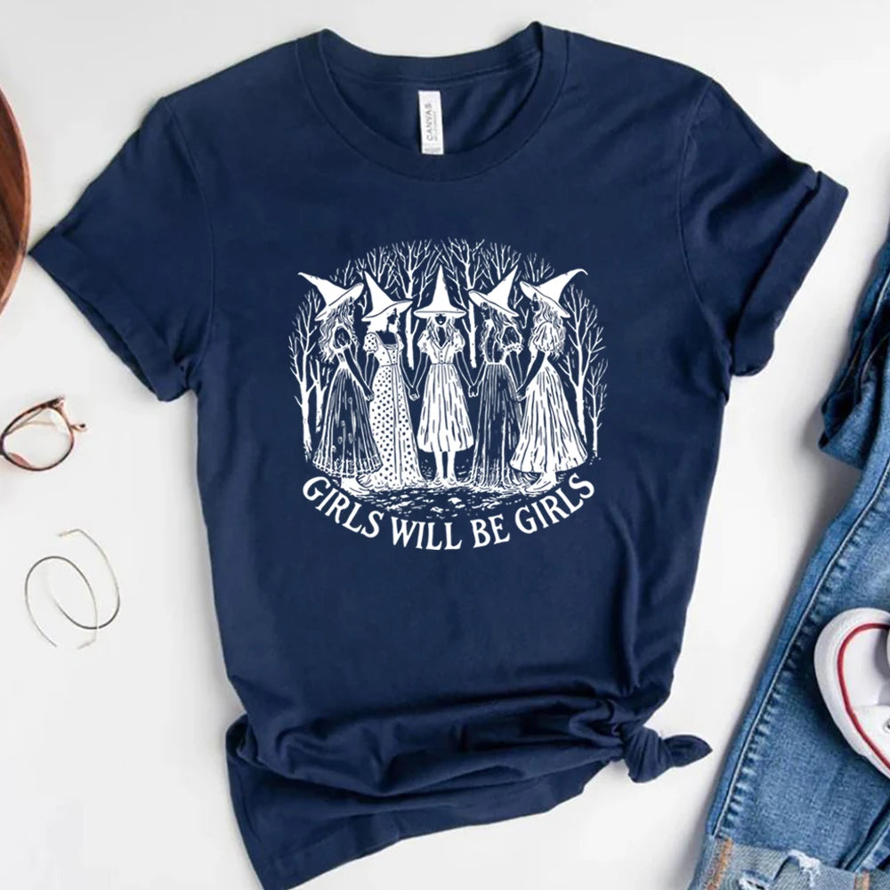 イベント・ハロウィングッズ|レディース ハロウィンヴィンテージ魔女柄 Tシャツ(S~3XL)