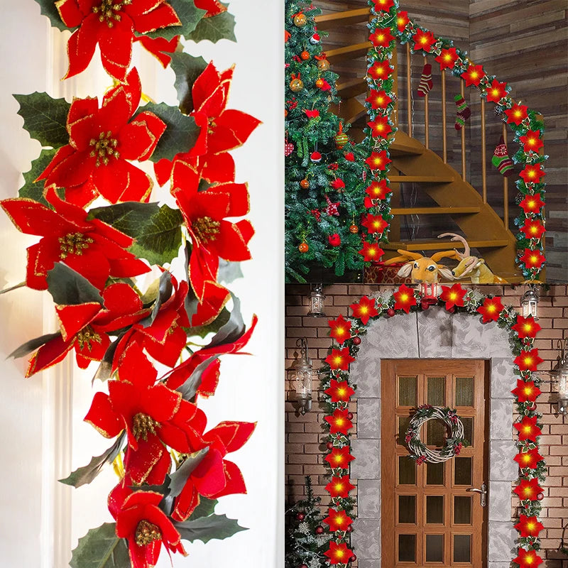 イベント・クリスマス装飾|ポインセチア LEDライト ガーランド